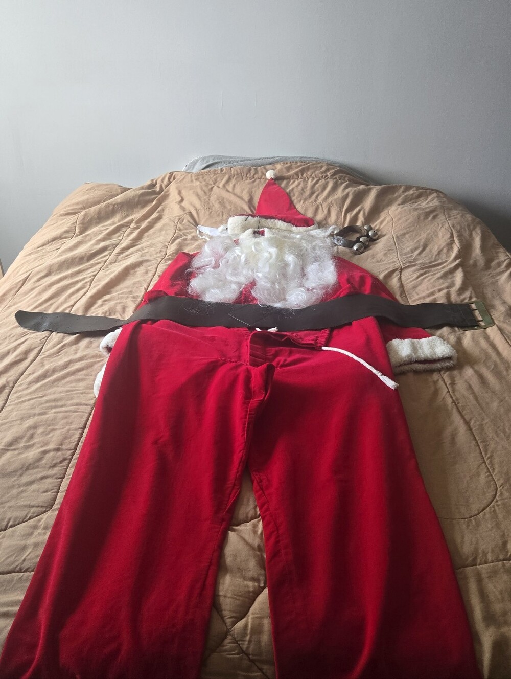 Vintage Corduroy Velvet Santa Claus Suit Set with Leather Sleigh Bells & Wig